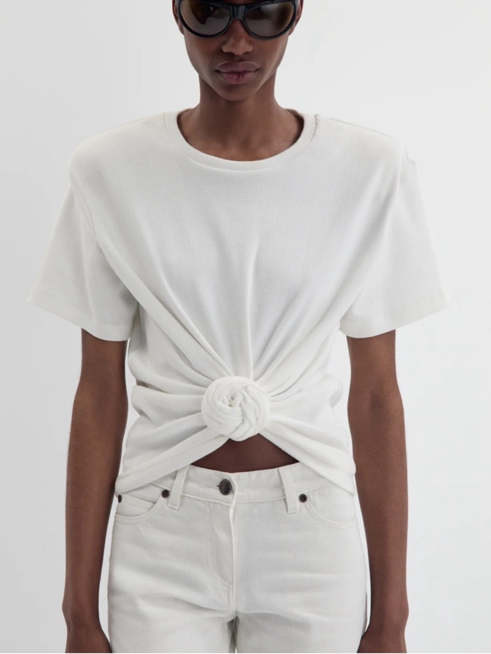 Magda Butrym Knotted Ribbed T-Shirt in Ivory White (Size FR 36/ US 4)